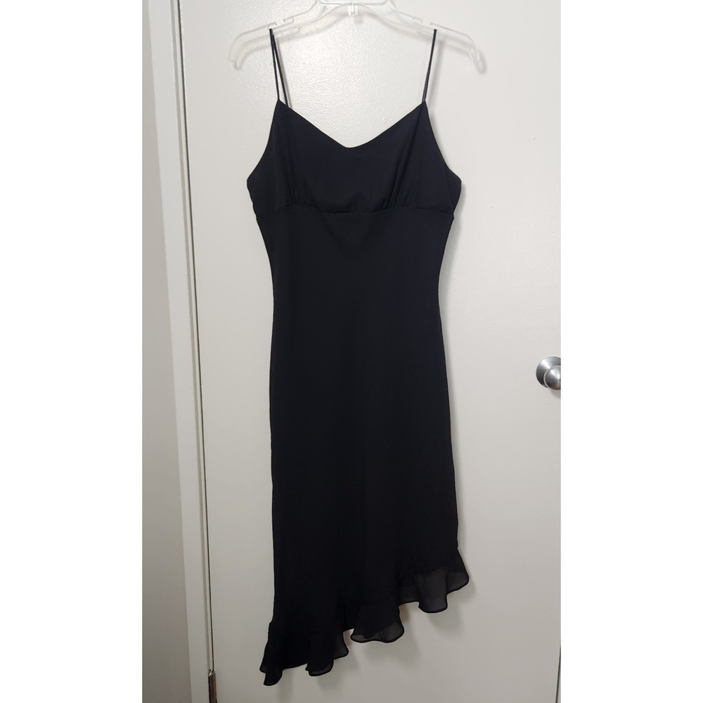 Black Asymmetrical Slip Dress Chiffon Strappy Y2K 90s Ruffle HOCO Large Vtg